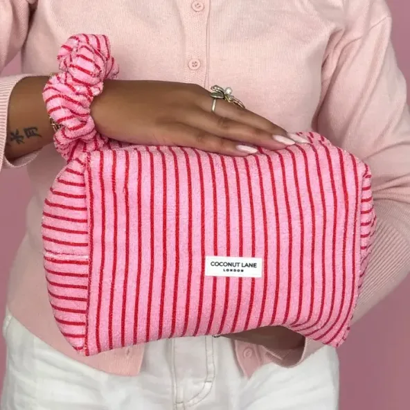 Towelling Makeup Bag, Cherry Stripe